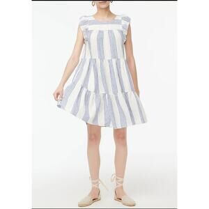 J.Crew linen blue striped ruffled sleeve babydoll dress SZ 4 resort coastal boho